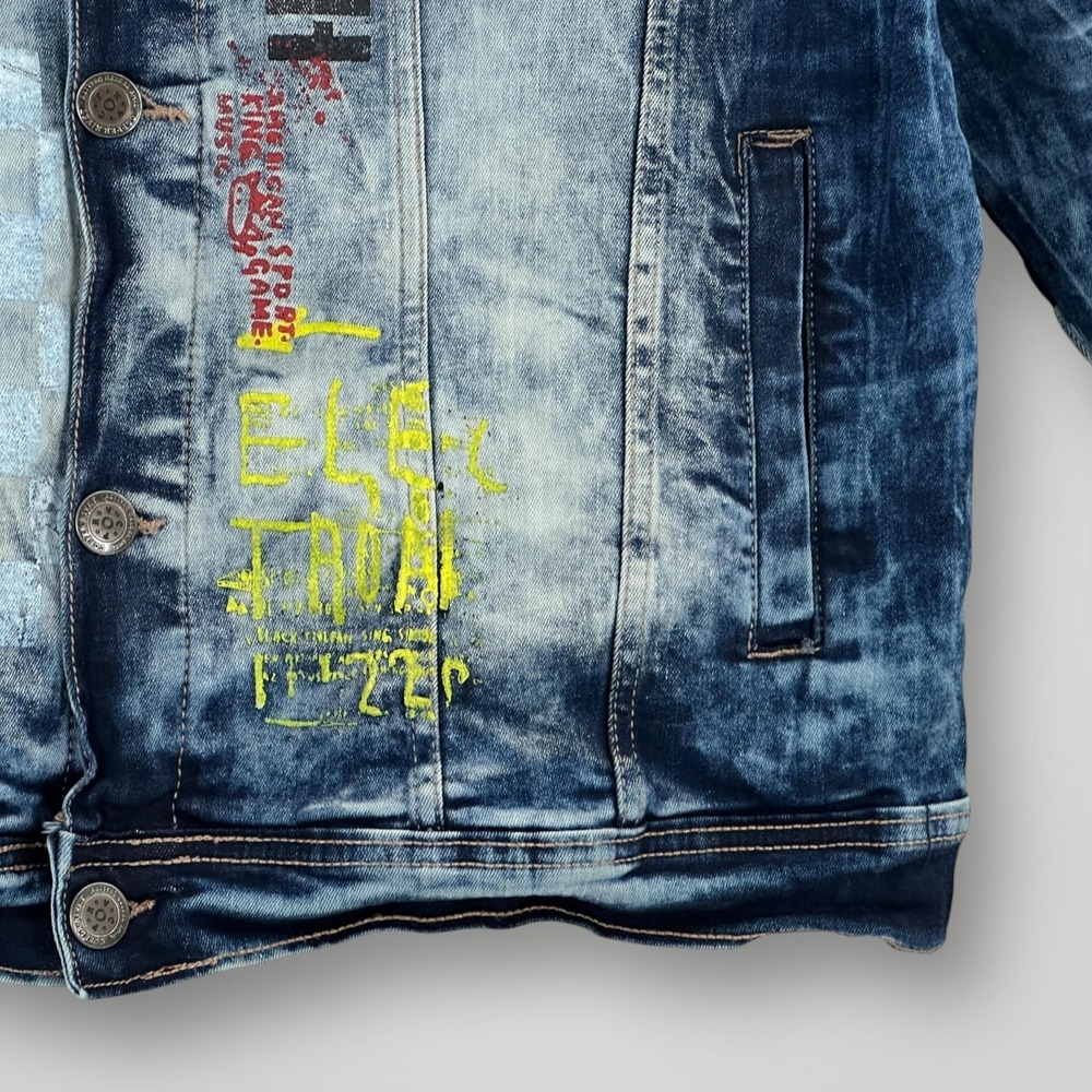 Copper Rivet Denim Jacket Mens XL Blue Bomber Graphic Checkered Street Art Skull - Picture 4 of 10